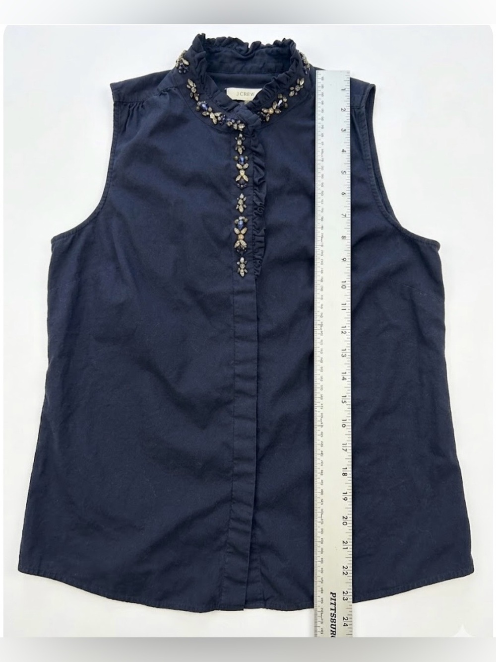 J. Crew Navy Sleeveless Beaded Collar Blouse size S - Picture 3 of 6